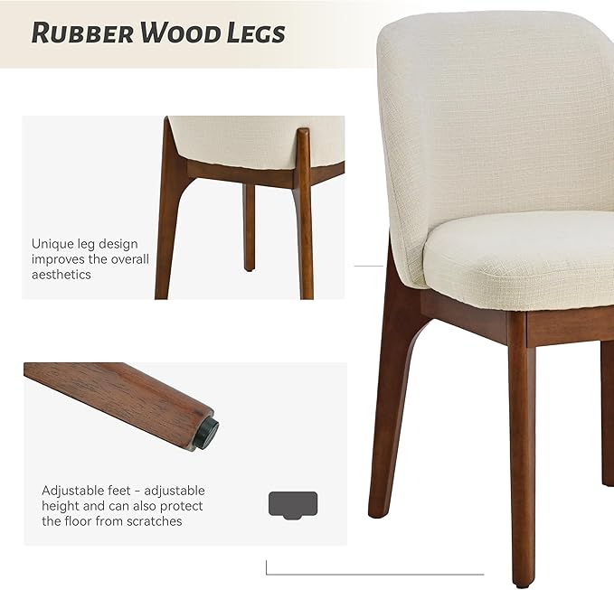 VKNOW Modern Dining Chairs, Fabric Kitchen Chairs with Wood Legs and Padded Seats, Upholstered Side Chair for Kitchen Dining Room (Fabric, Linen Color, Set of 4)