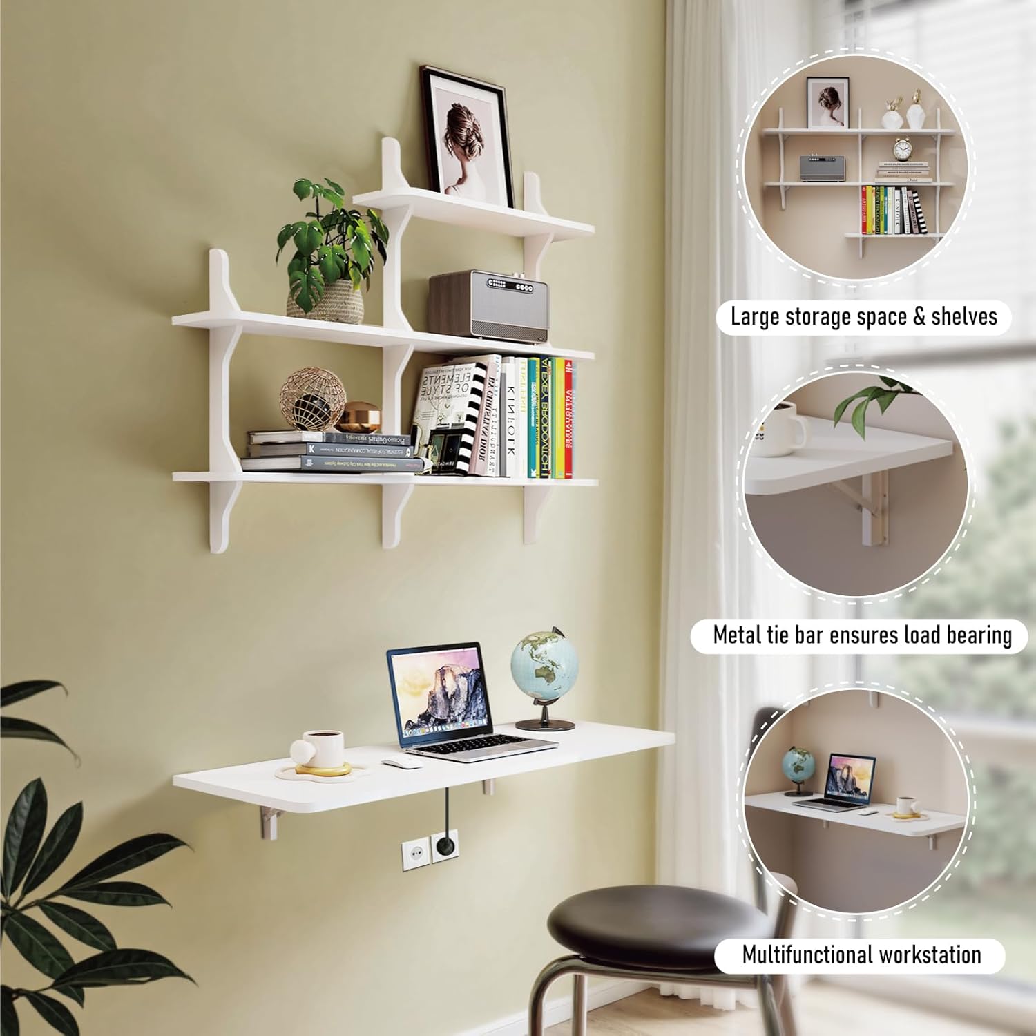 Pmnianhua Wall Mounted Folding Table, 47'' Floating Laptop Desk with Shelves, Foldable Drop Leaf Table, Wall Mount Fold Down Table for Laundry Room Kitchen Bar Home Office Small Space(White)
