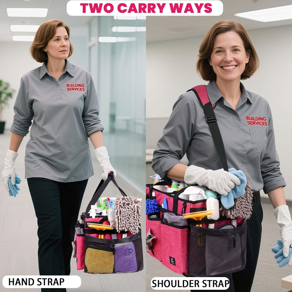 Extra large Cleaning Caddy Bag Built-in Sturdy Support Board, Cleaning Organizer with Detachable Divider, Cleaning Supply Tote with Adjustable Shoulder Strap (Pink, 19'' x 11'' x 11'')