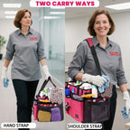 Extra large Cleaning Caddy Bag Built-in Sturdy Support Board, Cleaning Organizer with Detachable Divider, Cleaning Supply Tote with Adjustable Shoulder Strap (Pink, 19'' x 11'' x 11'')