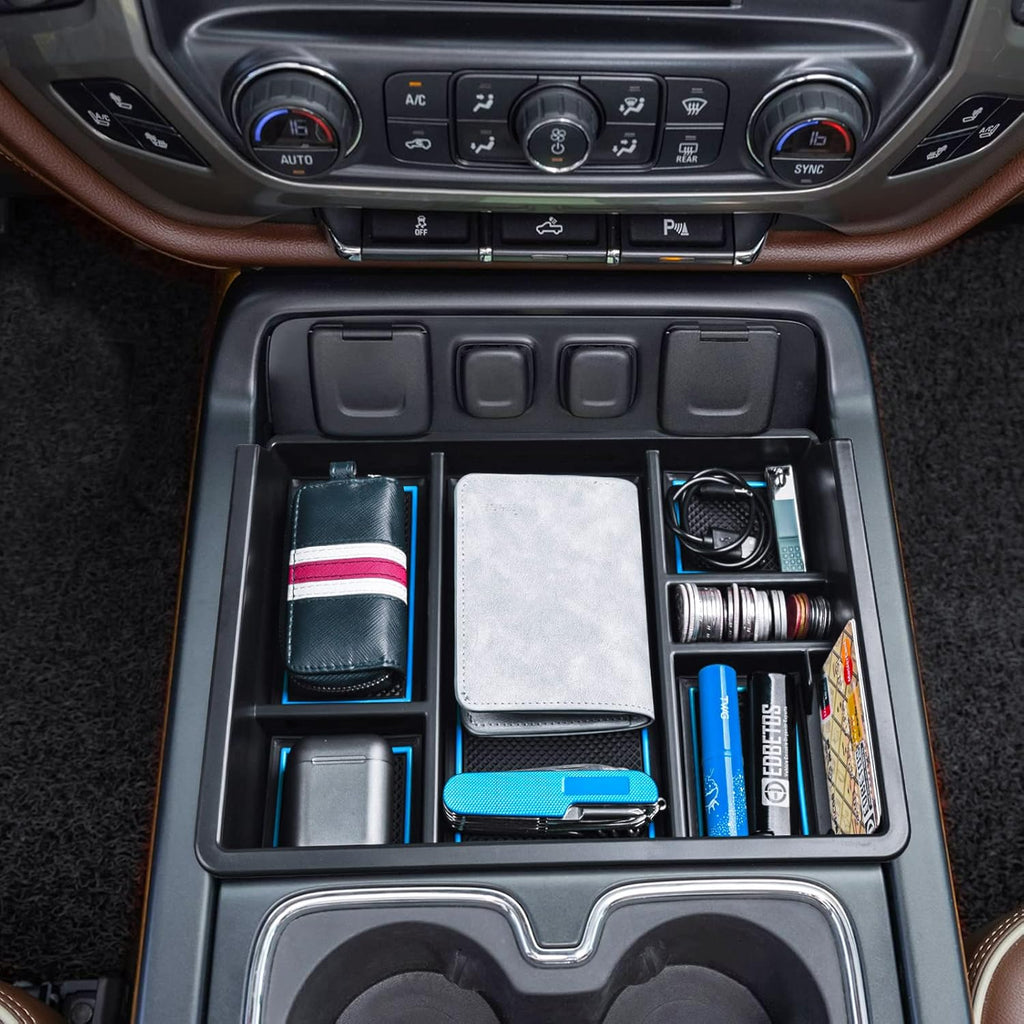 Center Console Organizer Tray Compatible with Chevy Silverado/GMC Sierra 1500/2500/3500HD 2014-2018,15-19 Silverado/Sierra 2500HD/3500HD Accessories Compartment,Full Console w/Bucket Seats ONLY,Blue