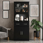 67" Kitchen Pantry Cabinet with Glass Doors & Drawers | Adjustable Shelves, Anti-Tip Safety, Space-Saving for Small Kitchens, Easy-Clean, Perfect Microwave Stand Or Coffee Bar