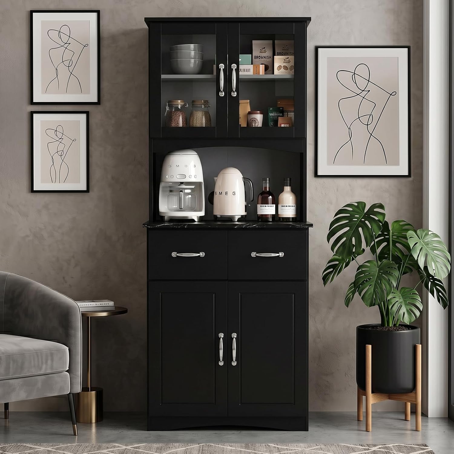 67" Kitchen Pantry Cabinet with Glass Doors & Drawers | Adjustable Shelves, Anti-Tip Safety, Space-Saving for Small Kitchens, Easy-Clean, Perfect Microwave Stand Or Coffee Bar