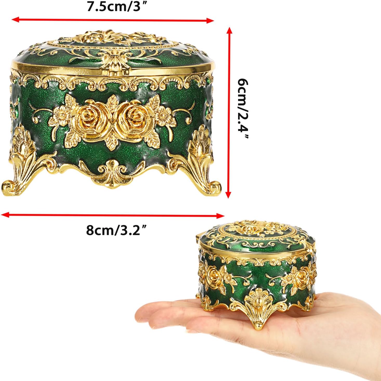 Hipiwe Vintage Metal Jewelry Box Small Ring Holder, Green with Gold Rose | Round Treasure Chest Keepsake Boxes, Trinket organizer for Earrings Necklace Gift for Women