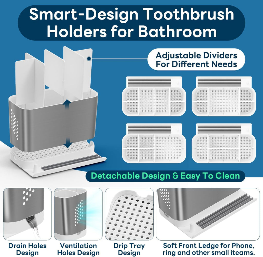 Bathroom Countertop Organizer with Front Ledge for Phone, Detachable Kids Toothbrush Holders with Cord Slots and Ring Holder, 6 Slots Toothbrush Toothpaste Holder with Drainage for Family