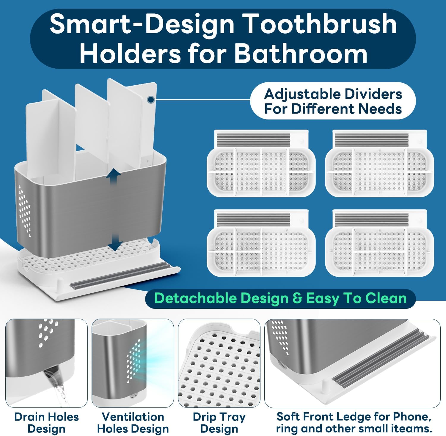 Bathroom Countertop Organizer with Front Ledge for Phone, Detachable Kids Toothbrush Holders with Cord Slots and Ring Holder, 6 Slots Toothbrush Toothpaste Holder with Drainage for Family