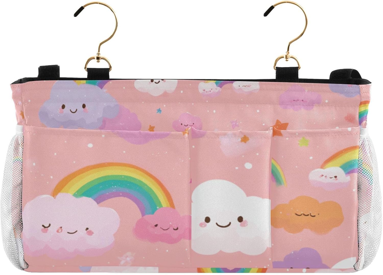 Multicolored Stars Rainbows Bedside Caddy for Dorm Bed Bedside Hanging Caddy Bag Iron Frame Storage Organizer Pocket for Bunk Home College Hospital Beds 2 Hooks