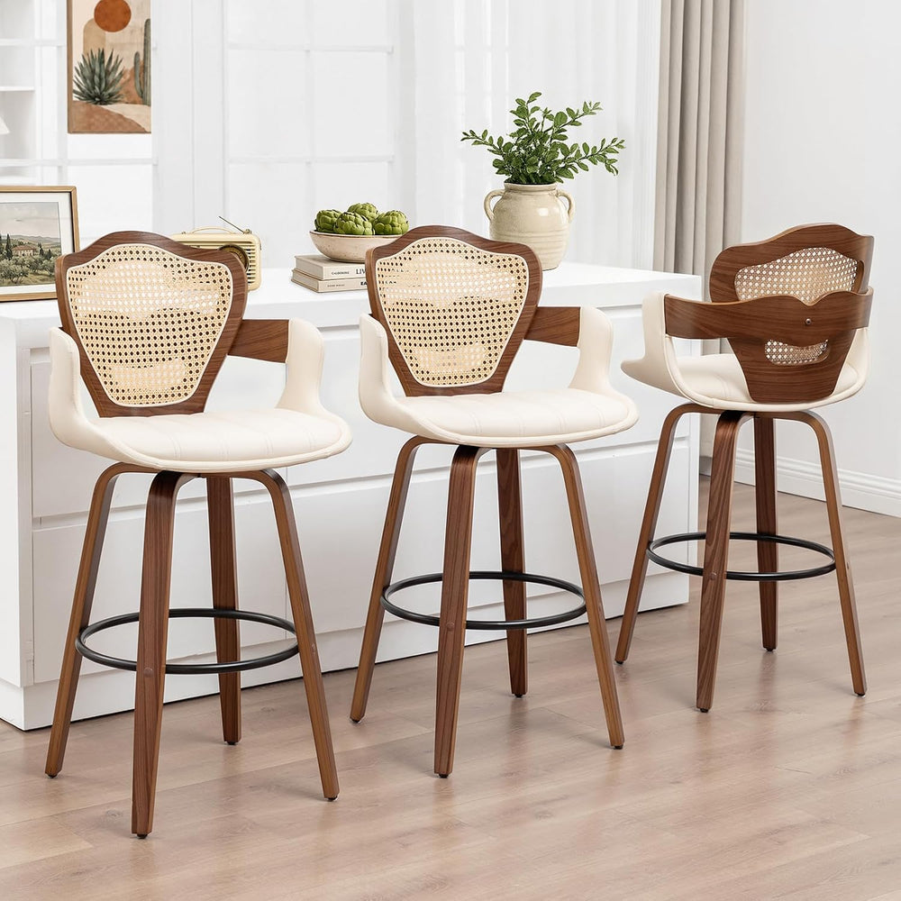 Mid-Century Modern Swivel Counter Stools with Supportive Rattan Back & Ar...