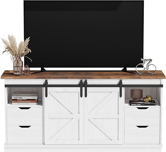 JUMMICO TV Stand with 4 Drawers for 65 Inch TV, Farmhouse Entertainment Center with Storage and Sliding Barn Doors, Rustic Media TV Console Cabinet with Shelves for Living Room Bedroom (Bright White)
