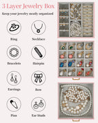 TORIBIO Jewelry Box for Women, Leather Jewelry Organizer with Mirror & Lock, 3-Tier Jewelry Storage Organizer with 2 Drawers for Girls/Women/Mothers, Necklace Earring Bracelets Holder Organizer