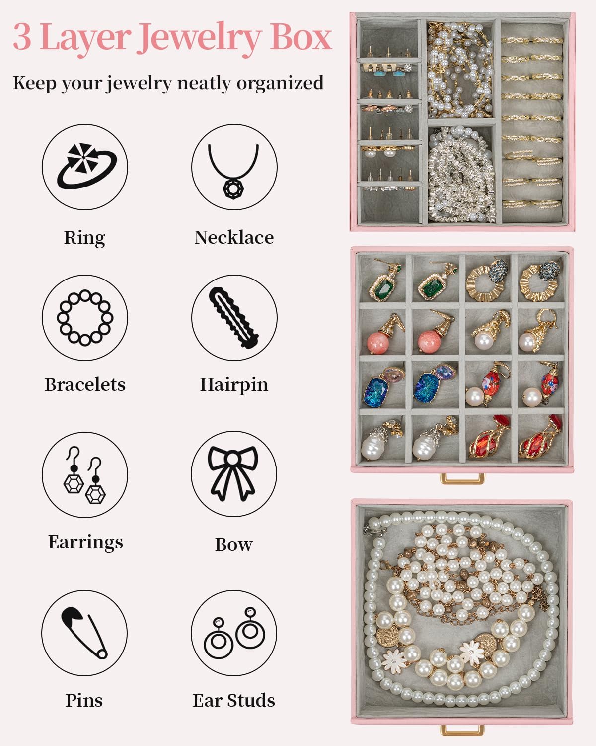 TORIBIO Jewelry Box for Women, Leather Jewelry Organizer with Mirror & Lock, 3-Tier Jewelry Storage Organizer with 2 Drawers for Girls/Women/Mothers, Necklace Earring Bracelets Holder Organizer