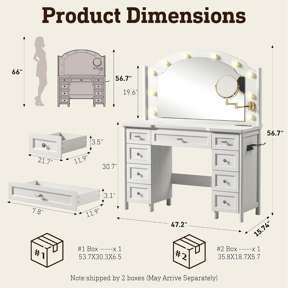 STO'SENSE Vanity Desk with Mirror and Lights, Makeup Vanity Table with 9 ...
