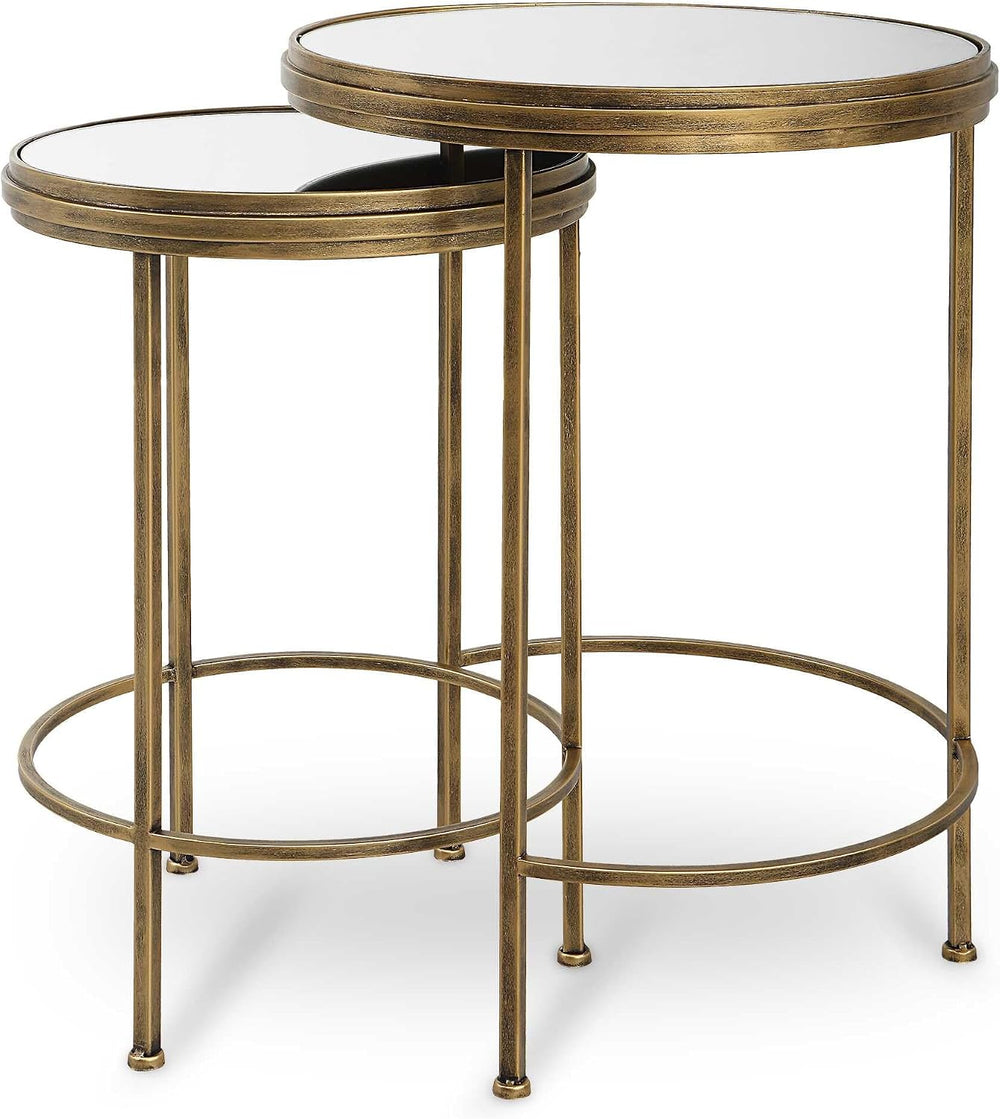 Set of 2 Antique Brushed Gold Iron Nesting Tables with Mirrored Glass Tops Mo...