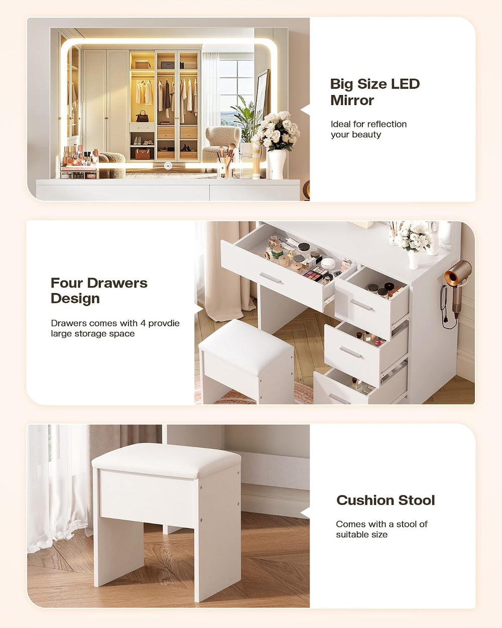 LIVELYGLOW 35.4" White Vanity Desk Set with Full-Width LED Mirror & ...