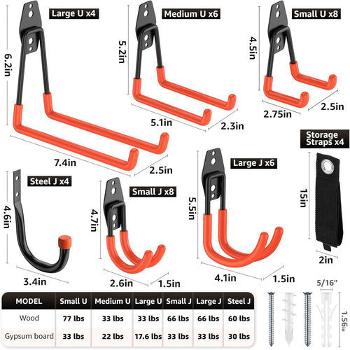 40 Pack Utility Steel Heavy Duty Wall Mount Garage Hooks,with Anti-Slip Coating,for Hanging Bikes,Ladder,Ropes,Bulk Items,Power,Yard and Garden Tools