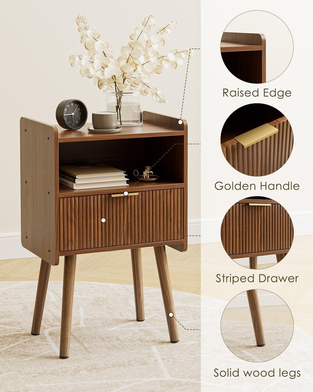 Night Stand, Modern Side Table, Small Nightstand, Wood Bedside Table with Sto...