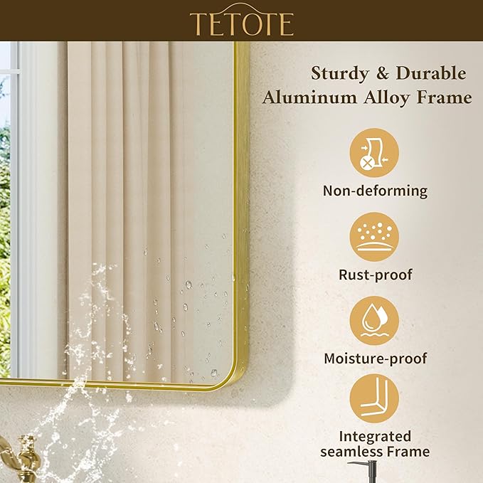TETOTE Brushed Gold Bathroom Mirror 30 x 30 Gold Metal Framed Bathroom Mirror...