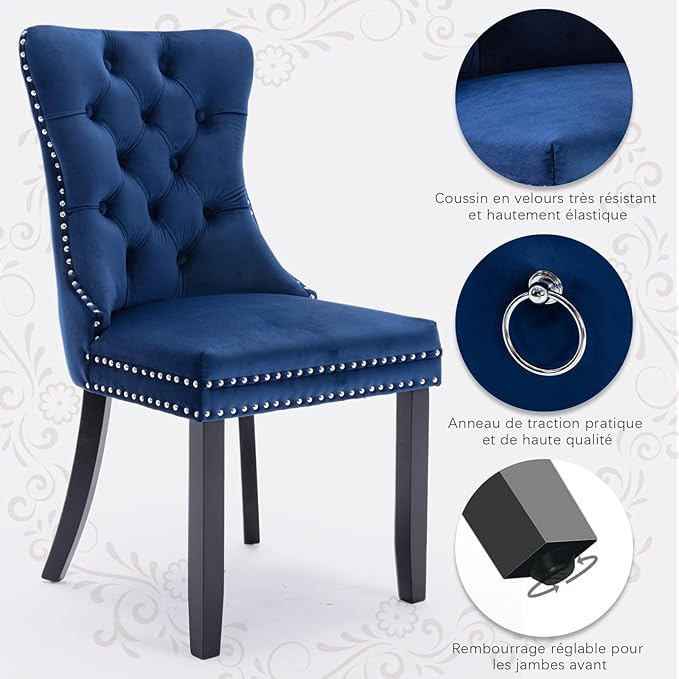 Velvet Upholstered Dining Chairs Set of 8, Modern Style Kitchen Side Chairs with Nailhead Trim and Wood Legs,Metal Pulling Ring for Dining Room Living Room(Blue)