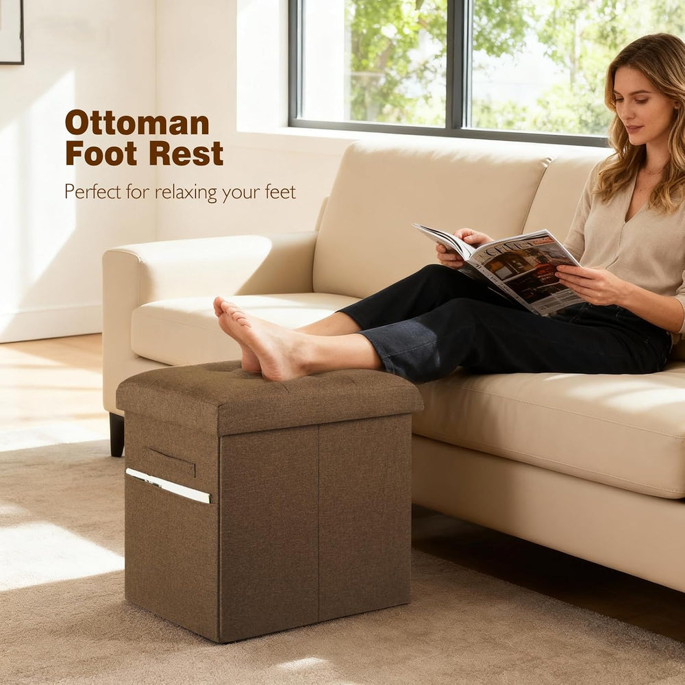 Storage Ottoman Cube, 17" High Folding Linen Foot Rest for Bedroom, Brow...