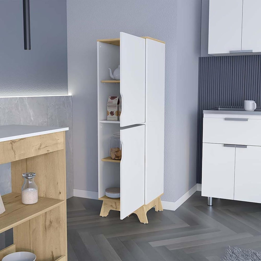 Single Kitchen Pantry Wallas, Four Shelves, Two Doors, Light Oak/White Finish