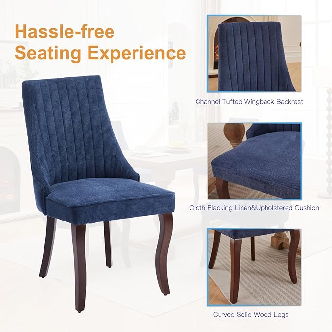 Linen Dining Chairs Set of 2,Comfy Fabric Upholstered Accent Chairs for Kitchen Living Room,Channel Tufted Dining Room Chairs with Curved Solid Wood Legs(Blue)