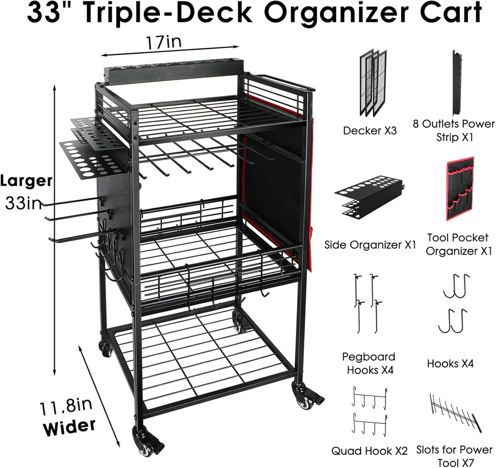 Garage Power Tool Organizer Cart with Charging Station, Floor Stand Rolling Drill Holder and Tool Battery Storage Cart on Wheels, 3-Layer Utility Rack Shelf with 8 Outlet Power Strip,Black