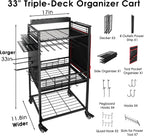 Garage Power Tool Organizer Cart with Charging Station, Floor Stand Rolling Drill Holder and Tool Battery Storage Cart on Wheels, 3-Layer Utility Rack Shelf with 8 Outlet Power Strip,Black
