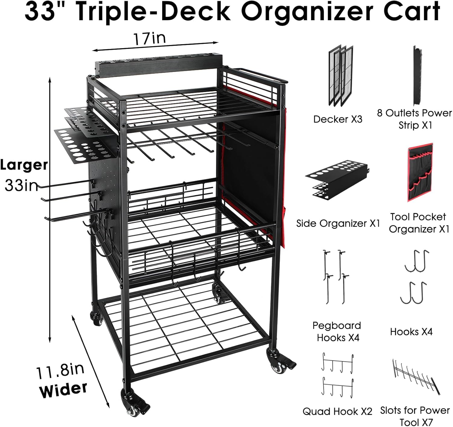 Garage Power Tool Organizer Cart with Charging Station, Floor Stand Rolling Drill Holder and Tool Battery Storage Cart on Wheels, 3-Layer Utility Rack Shelf with 8 Outlet Power Strip,Black