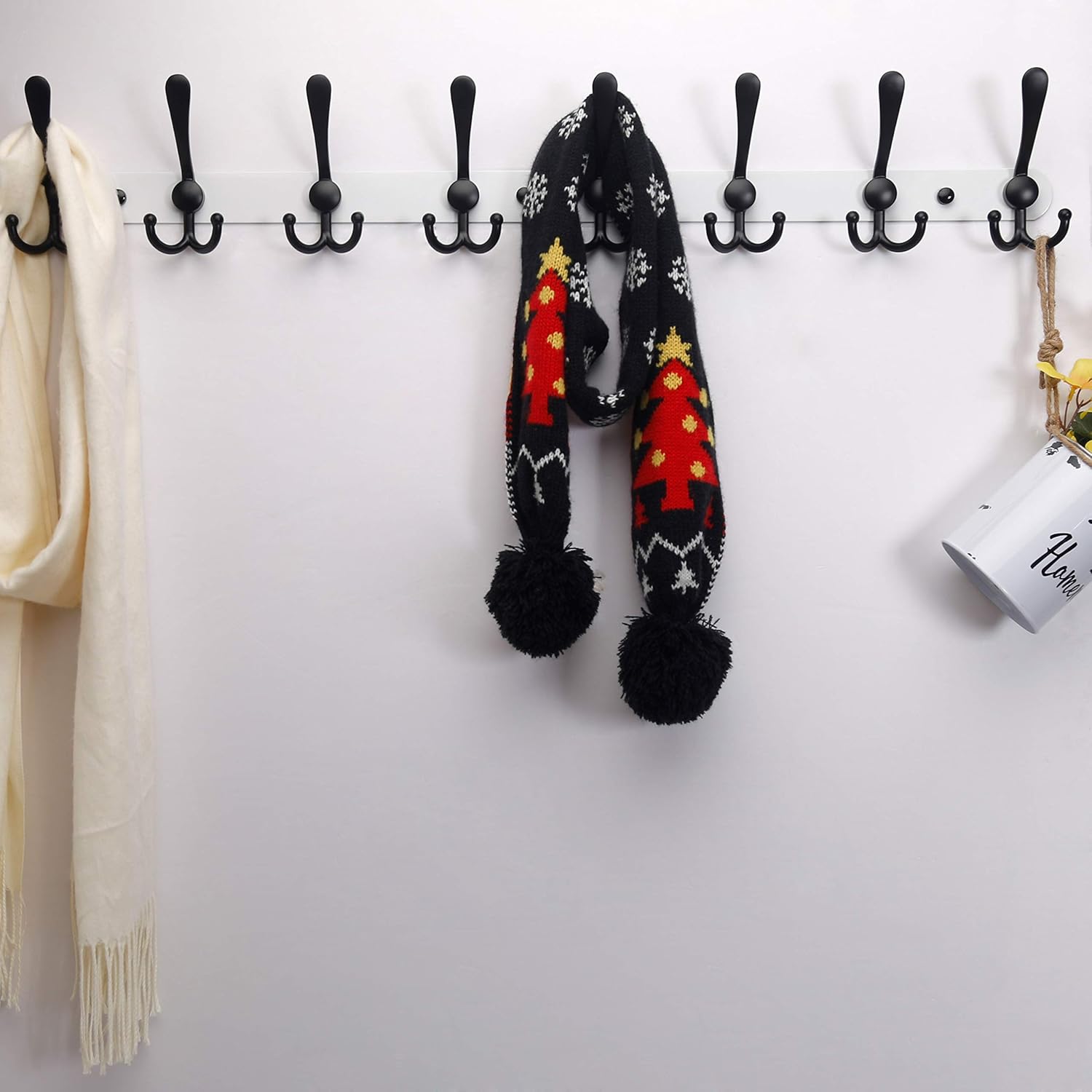 Dseap Coat Rack Wall Mount - 29.5” Long 8-Tri-Hooks Heavy Duty Coat Hanger Rail Wall Hooks for Hanging Coats Hats Clothing Clothes Purse Mudroom Entryway, White & Black, Pack of 2