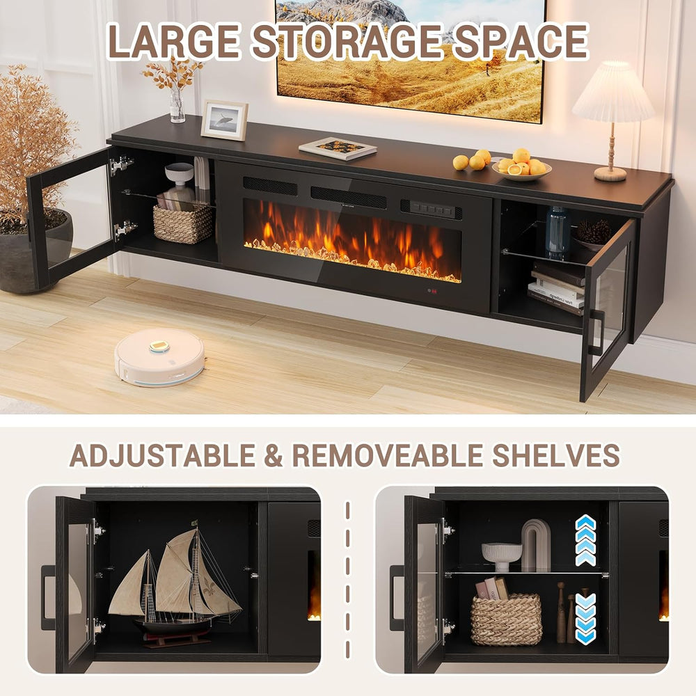 80" Floating TV Stand with 36" Electric Fireplace, Brown & Blac...