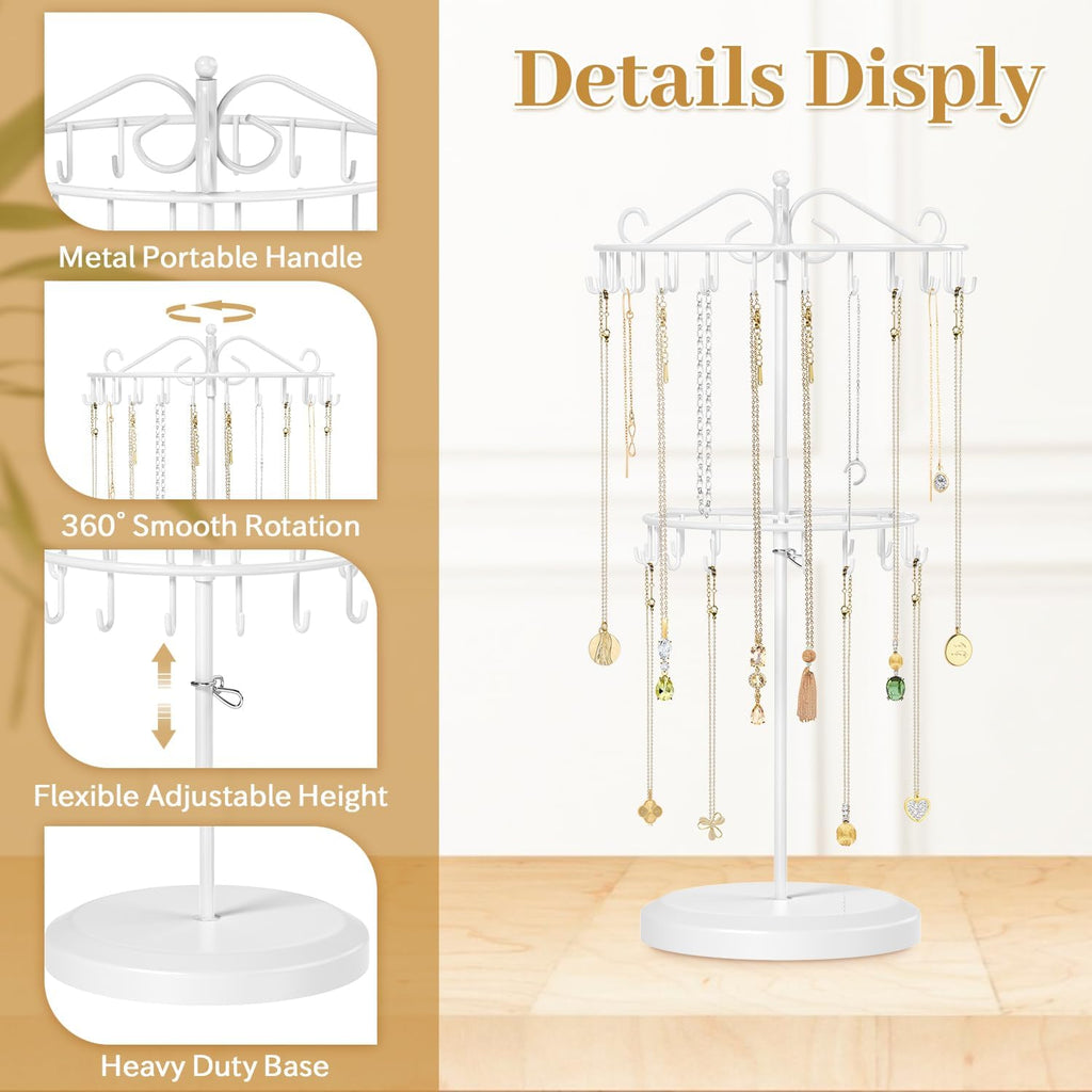 MODOWEY Rotating Necklace Holder Organizer Display Stand with 42 Hooks, 2 Tier Adjustable Metal Tree for Long Necklace Hanger Selling, Tall Spinning Bracelet Storage Rack for Men Women, White