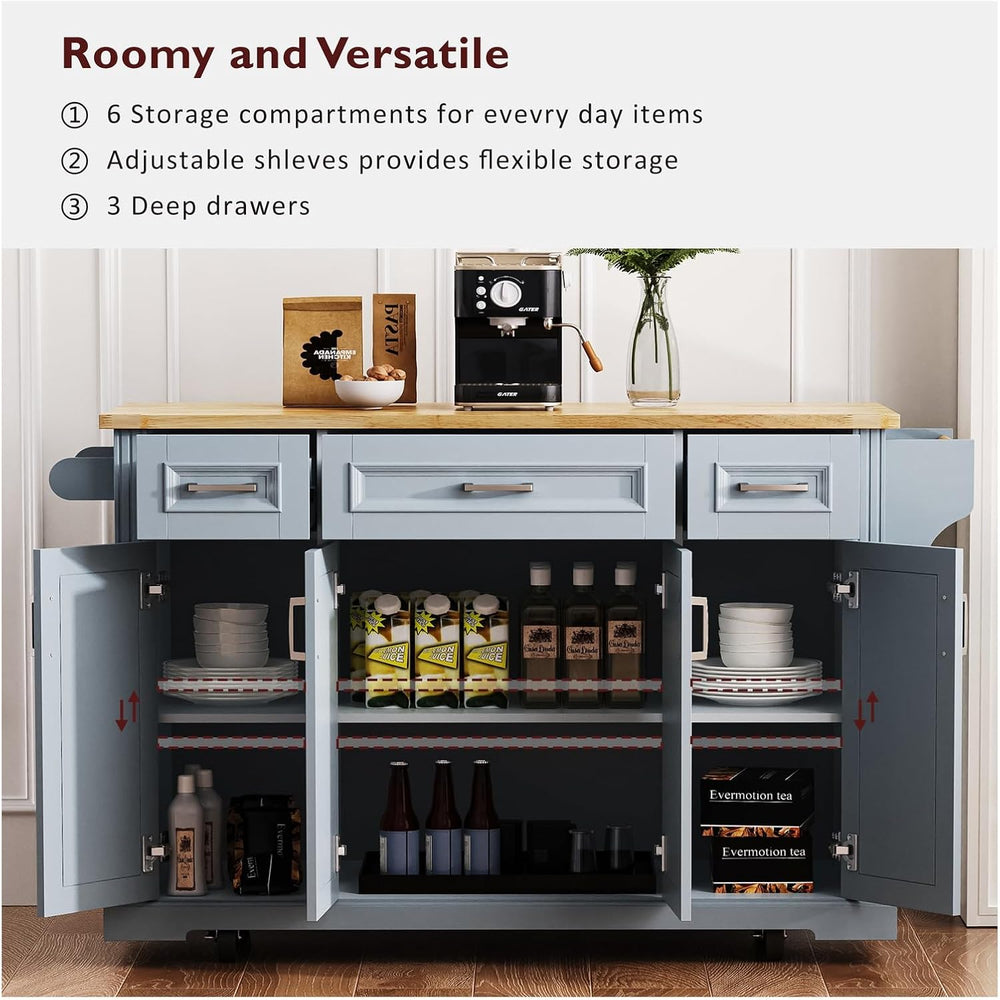 54-Inch Rolling Kitchen Island with Drop Leaf | Grey Blue