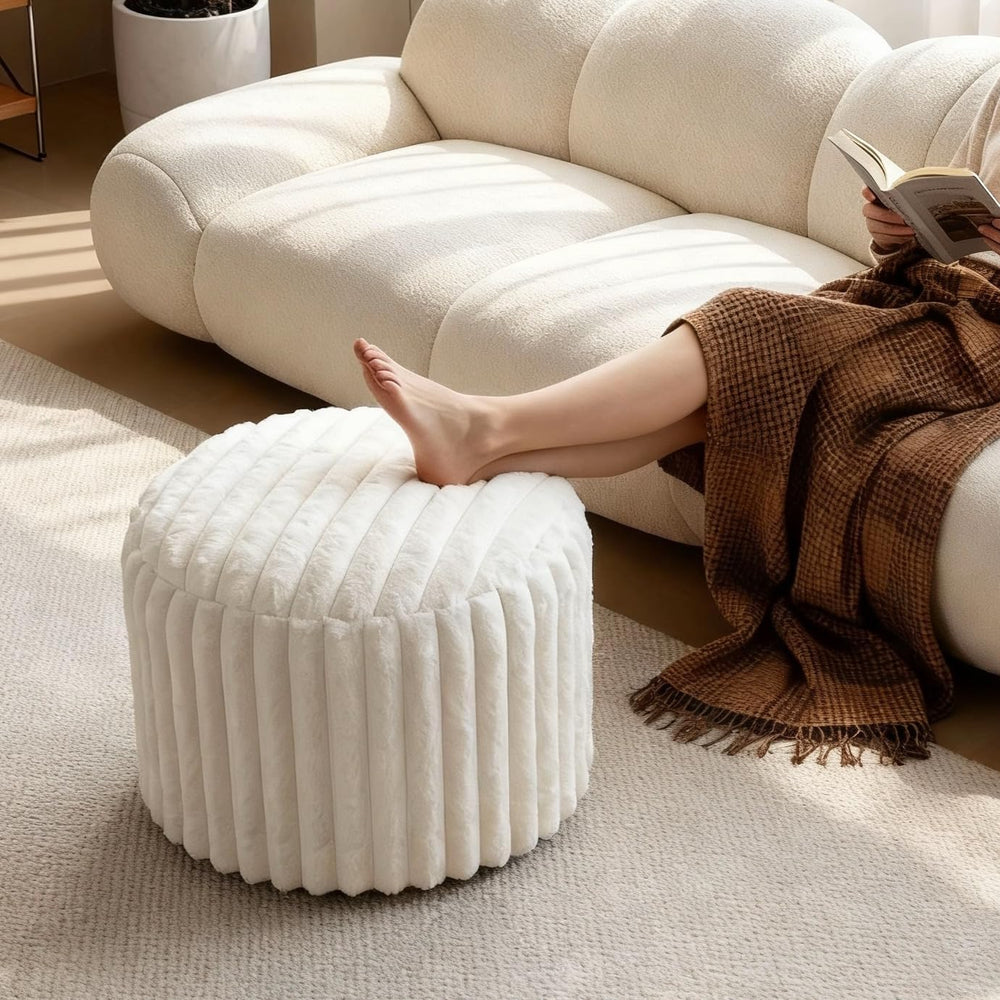 Round Stuffed Pouf Ottoman, Stripe Faux Fur Footrest, Solid Block Support+Sof...