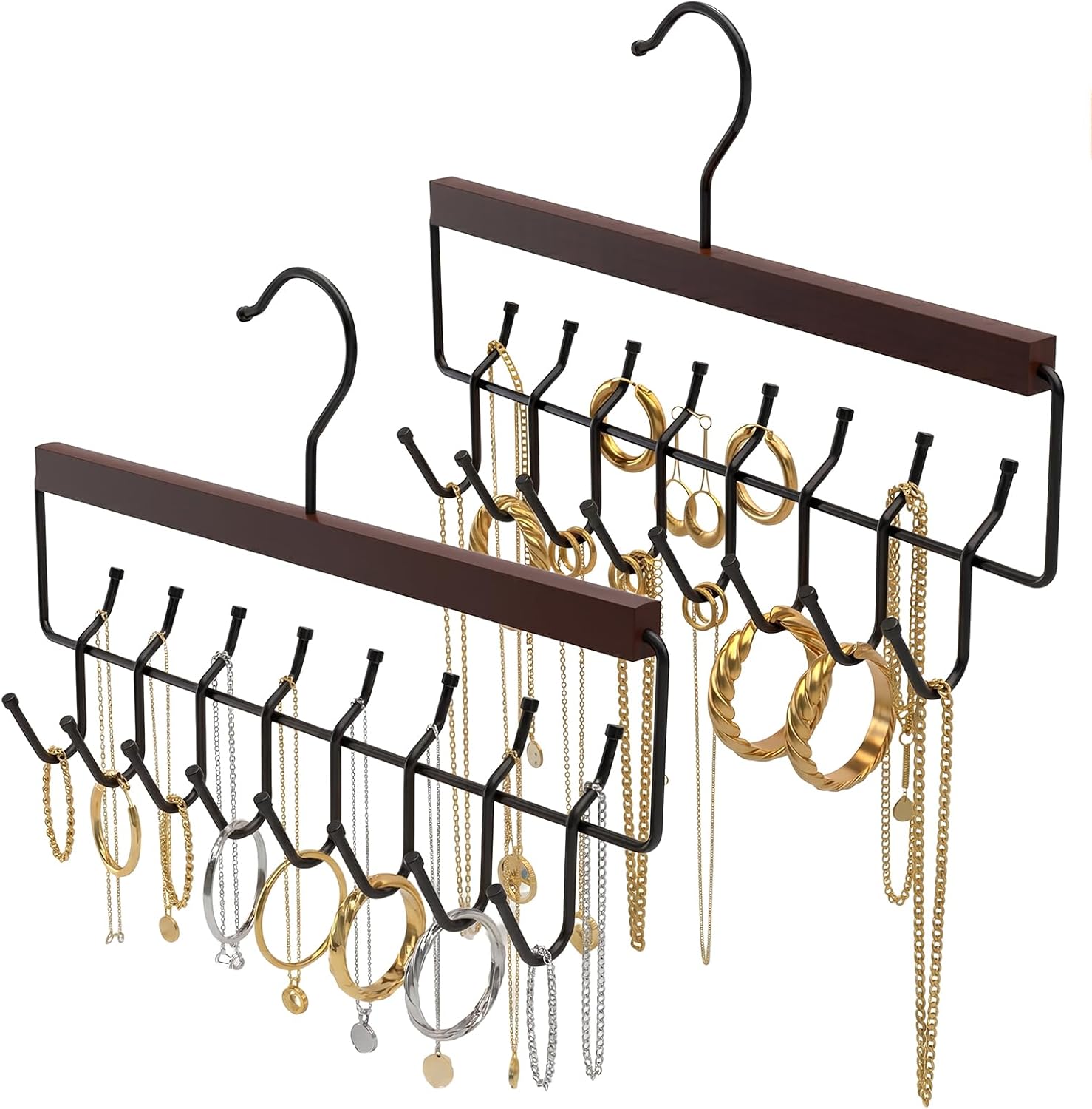 Wooden Jewelry Hanger 2-Pack, Hanging Jewelry Organizer with 16 Hooks, Tangle-Free Display for Necklace, Bracelet, Ring, Bangles, Perfect for Bathroom, Closet Door