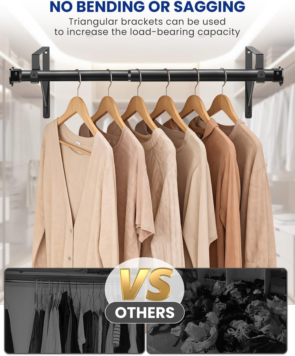 Closet Rods for Hanging Clothes with Triangular Brackets, 17 to 28 Inches Stepless Adjustable Closet Rod, 1.3 Inch Heavy Duty Closet Rod for Closet Wardrobe Laundry RV (Without Board/Black)