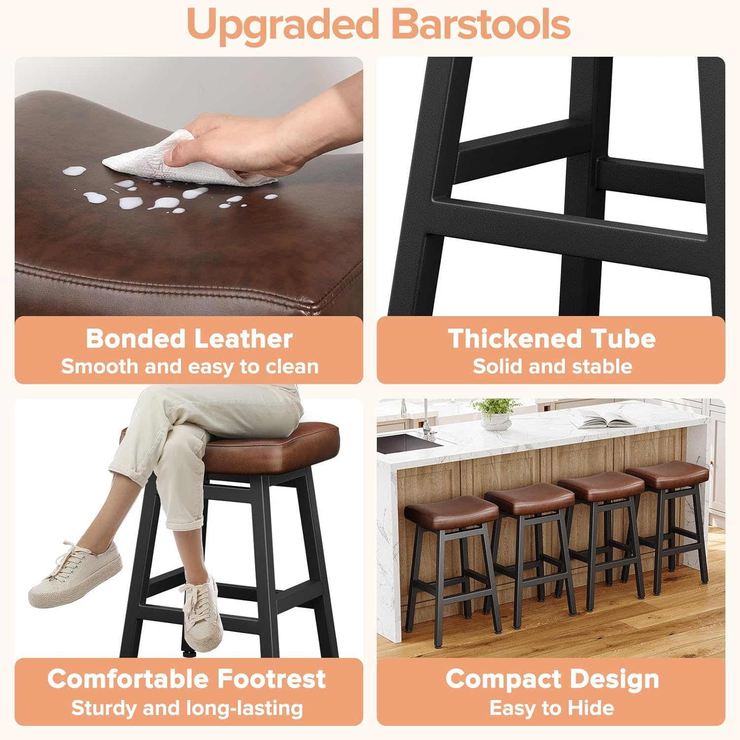 Raynesys 29 Inche Bonded Leather Counter Height Bar Stools Set of 2 Curved | Barstools with Curved Bonded Leather Seats & Heavy Duty Metal Legs for Kitchen Counter, Easy Assembly, Brown/Black