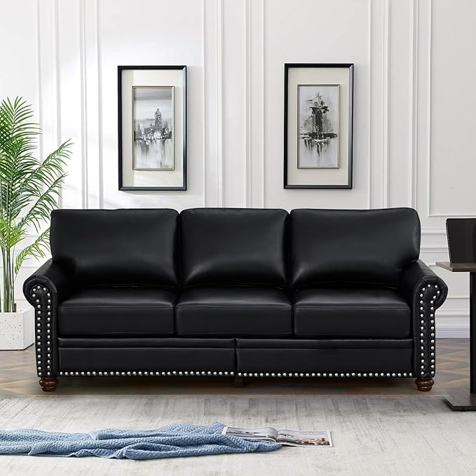 Faux Leather Sofa,82" W Mid Century Modern Couch with Storage Place,Oversized 3 Seater Sofa with Nailhead Trim&Rolled Armrests,Deep Seat Comfy Couch for Living Room,Bedroom,Apartment,Office(Black)