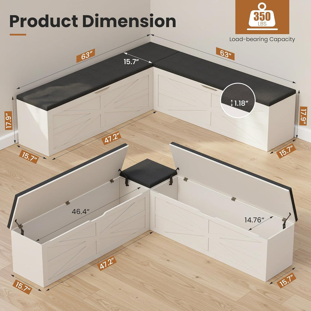 Apicizon L Shaped Storage Bench with Cushion, 63" Breakfast Nook Dining ...