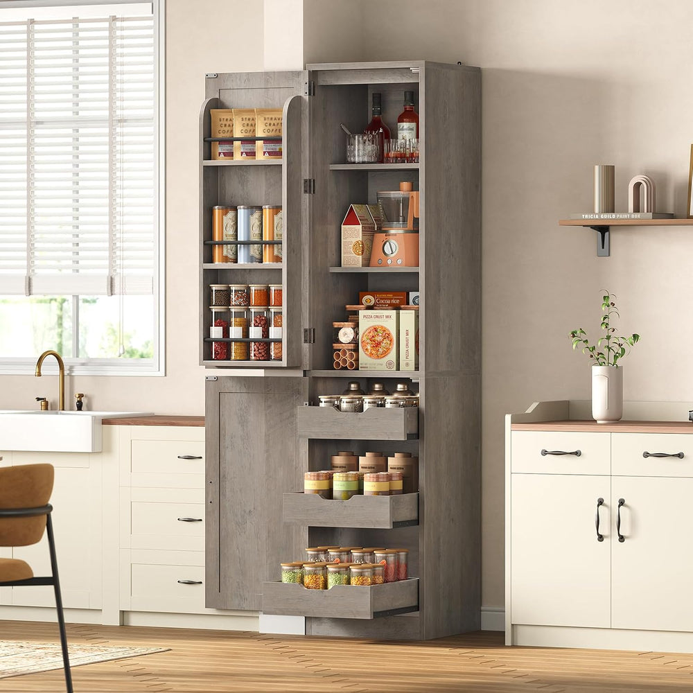 Itaar Narrow Kitchen Pantry Cabinet with 3 Door Shelves & 3 Drawer, Grey ...