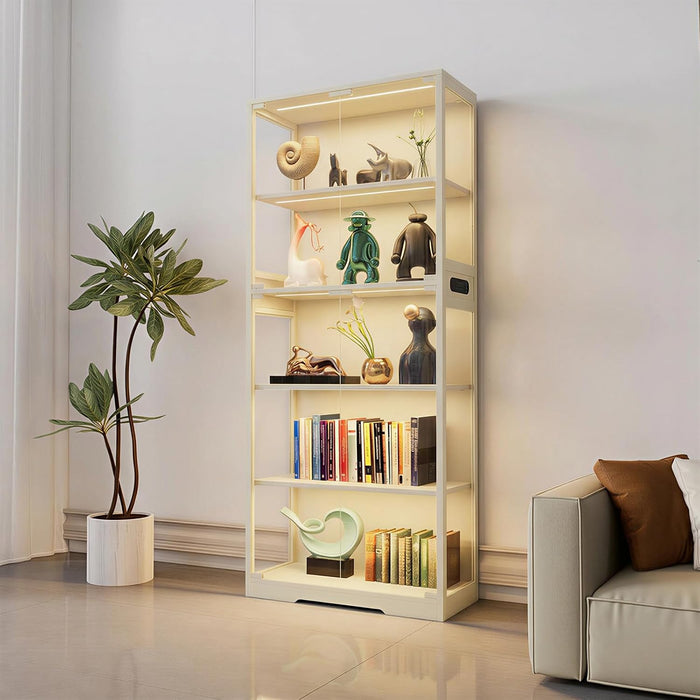 Display Cabinet with Glass Doors, 5-Tier 65" Glass Display Cabinet with LED 3-Color Lights & Human Body Sensor, Curio Cabinet with Textured Wood Shelves for Collectibles (Warm White Iron Frame