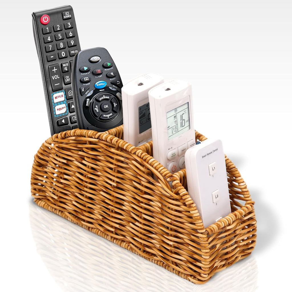 5-Compartment Remote Control Holder – Synthetic Rattan Organizer for TV Remotes, Makeup Brushes, Office Supplies, Stylish Wicker Desk Caddy for Living Room, Bedroom, Office, Patent Pending (Natural)