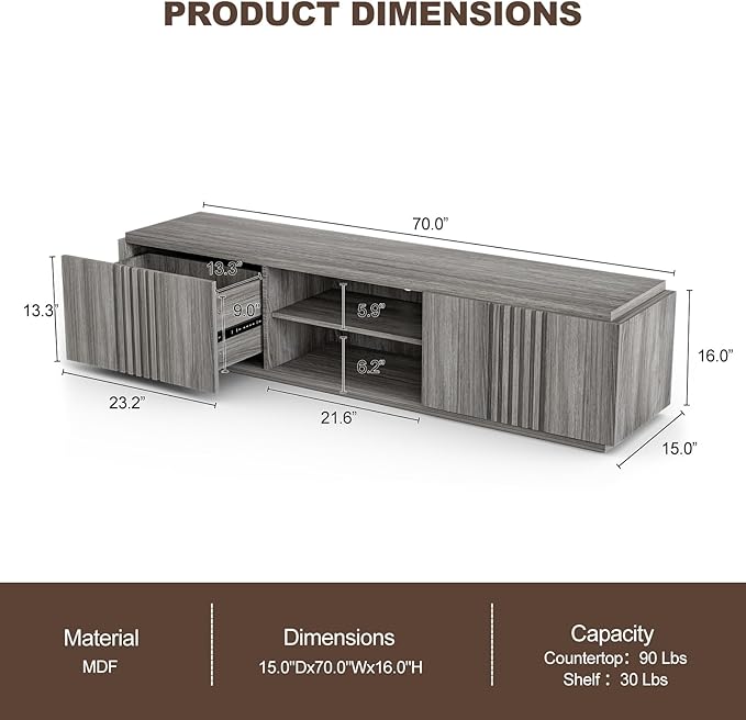 BELLEZE 70" Fluted TV Stand for TVs up to 75", Media Entertainment Center Console Table with Oversize Drawers and 2-Tier Open Shelves, Wood Storage Cabinet for Living Room, 15"D x 70"W x 16"H-(Gray)