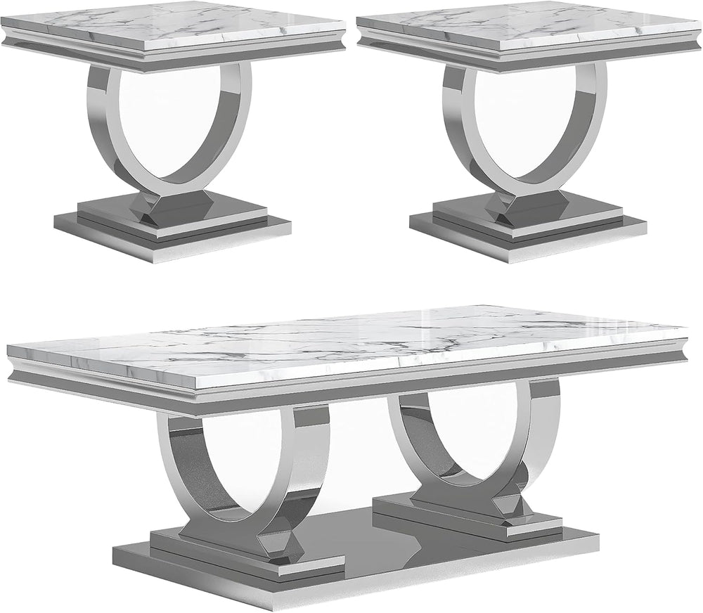 Marble Coffee Table Set of 3, Includes 1 Coffee Table with 2 Square End Side ...