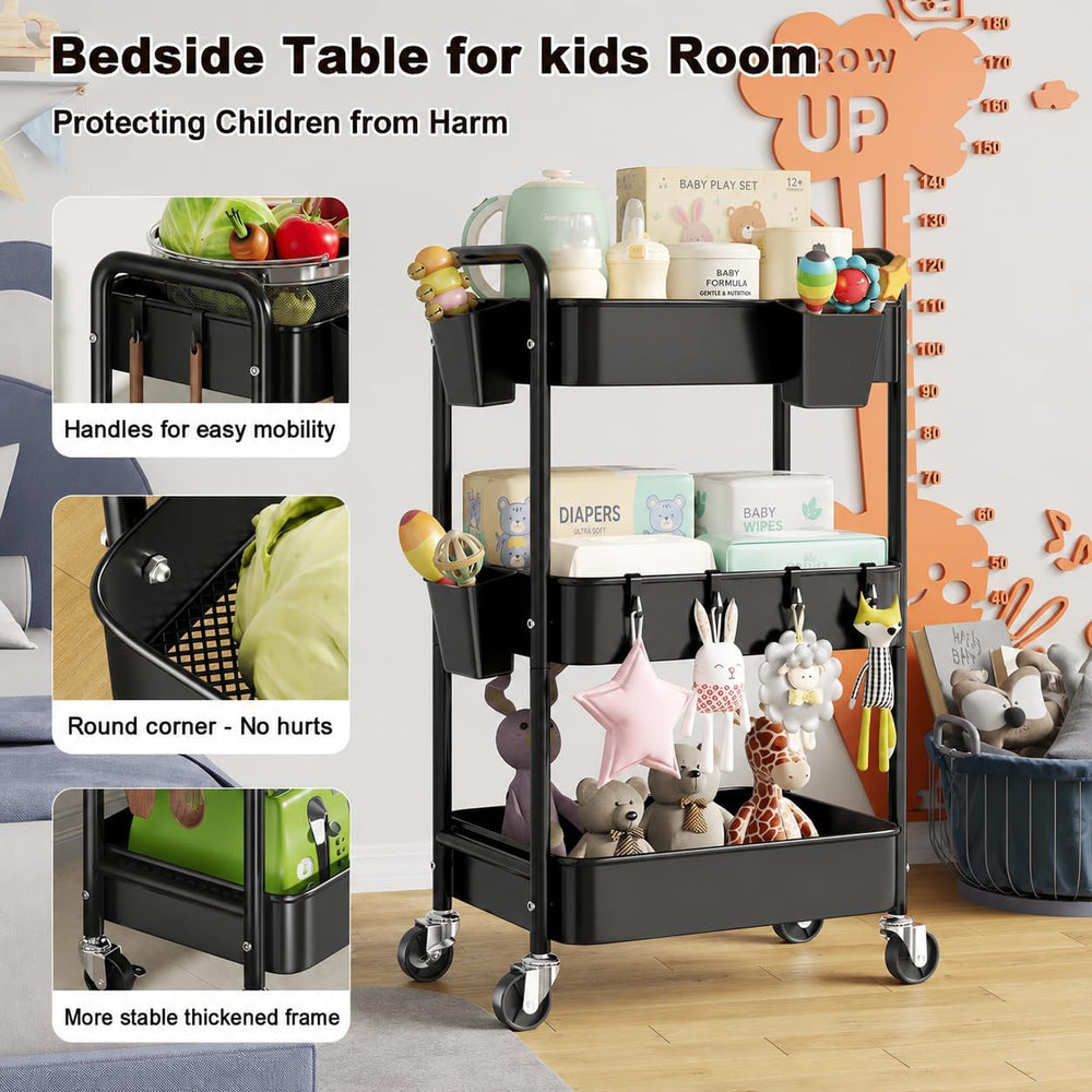 3 Tier Heavy Duty Metal Rolling Storage Cart Organizer with Wheels, Black | T...