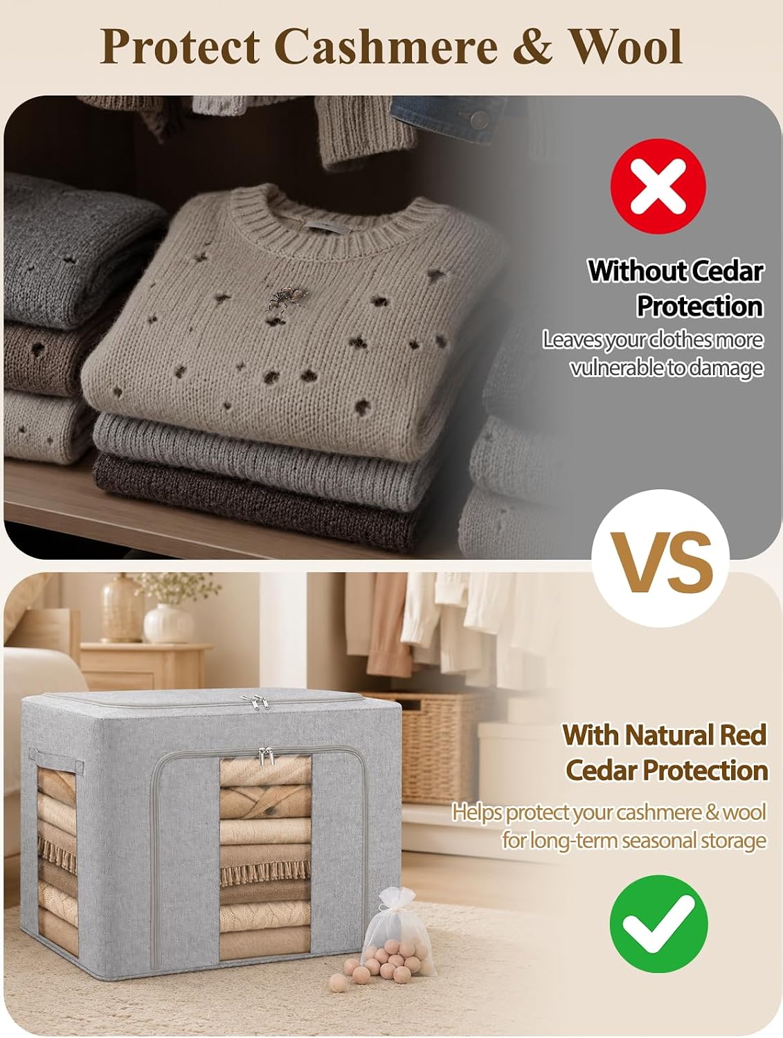 punemi 50L Cashmere Sweater Storage Bags, 2 Pack, Grey | Natural Cedar Balls, Steel Frame, Clear Window, Stackable Design, for Wool, Cashmere & Knit Sweaters