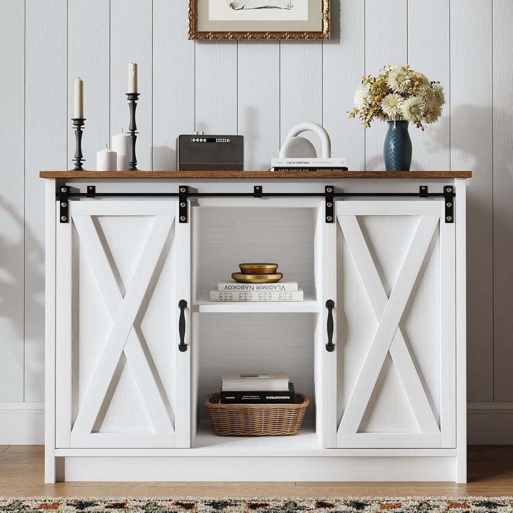4 EVER WINNER Coffee Bar Cabinet with Sliding Barn Doors, 42”Farmhouse Buffet...