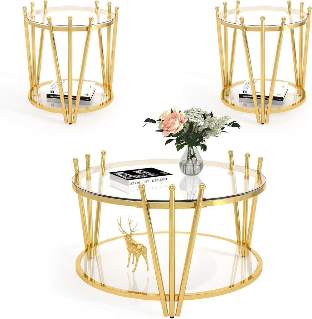 Luxury Glass Coffee Table Set of 3, Modern Gold Round End Table Living Room T...
