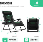JEAREY Oversized Padded Zero Gravity Chairs, Folding Lounge Chair Outdoor Patio Recliner, Anti Gravity Chair for Backyard with Headrest, Cup Holder, Side Tray, Polyester Mesh - Black/Dark Green