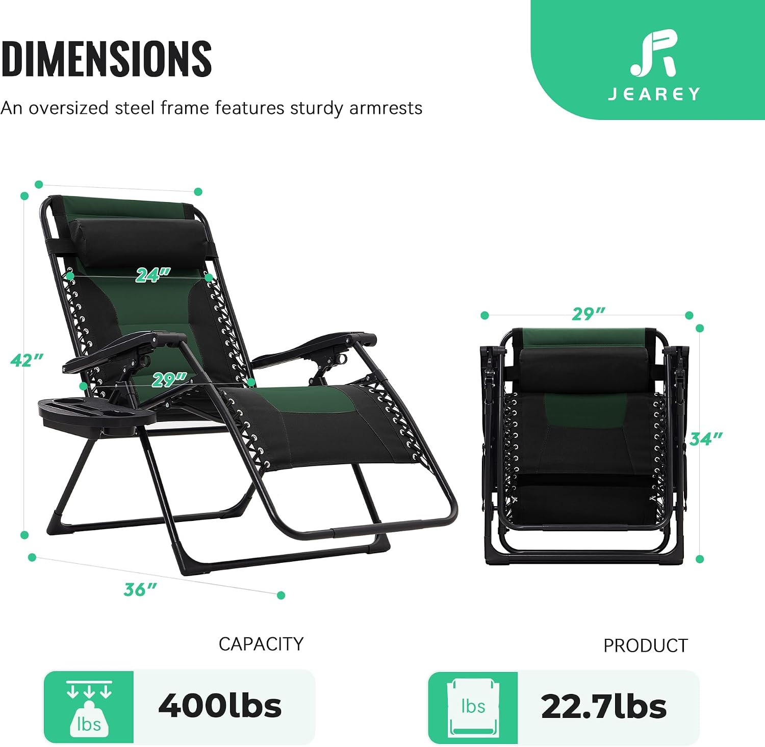 JEAREY Oversized Padded Zero Gravity Chairs, Folding Lounge Chair Outdoor Patio Recliner, Anti Gravity Chair for Backyard with Headrest, Cup Holder, Side Tray, Polyester Mesh - Black/Dark Green
