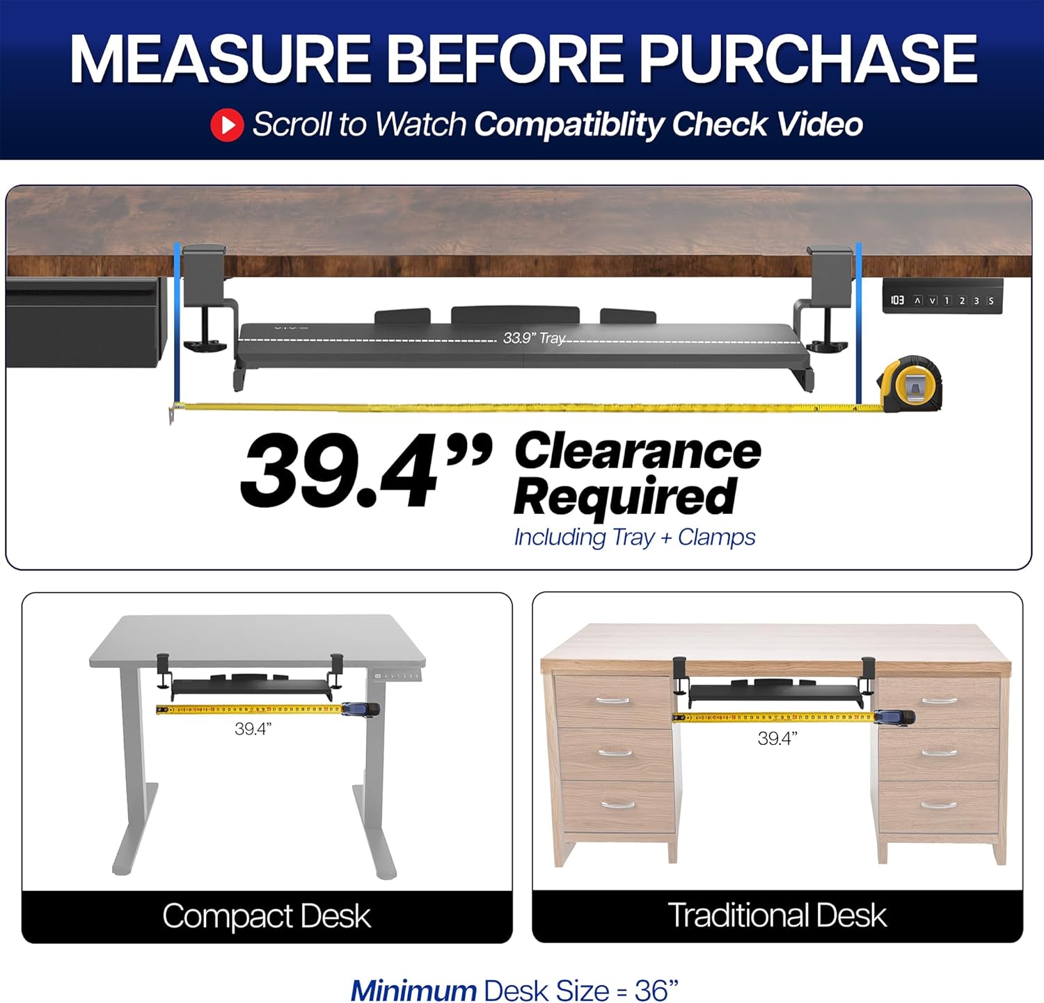 VIVO Extra Long Clamp-on Computer Keyboard and Mouse Under Desk Slider Tray, 34 x 11 inch Pull Out Platform Drawer, Black, MOUNT-KB15EB